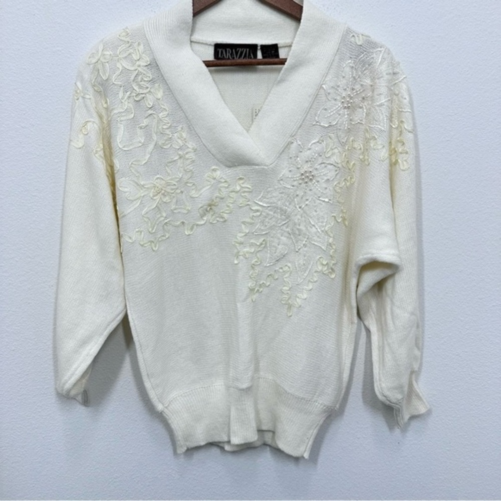 Tarazzia Vintage Deadstock Cream Ribbon Pearl Cottagecore Grannycore Size M‎ NWT